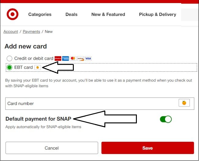 Screenshot of adding EBT card to Target Account