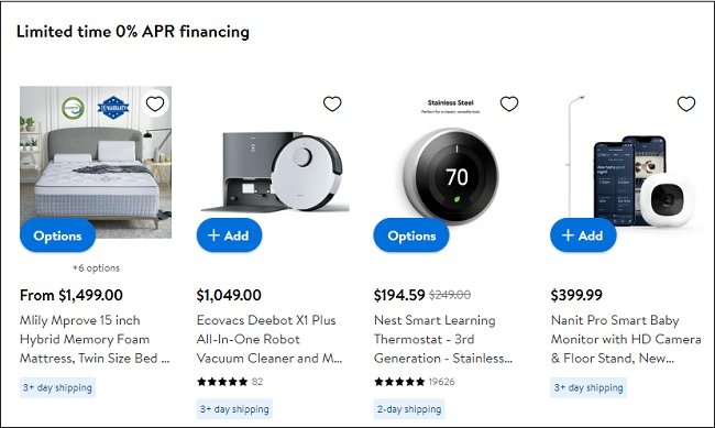 Walmart products with 0% financing
