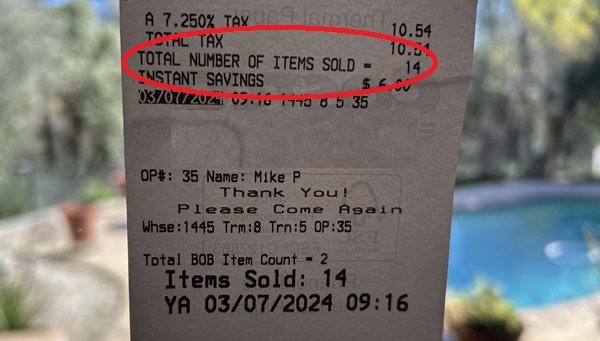 Costco receipt shows number of items